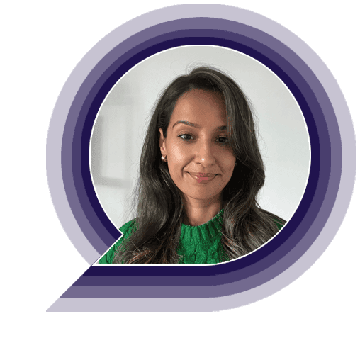 camilla sidhu this curious life Smiling woman in green jumper inside blue circle