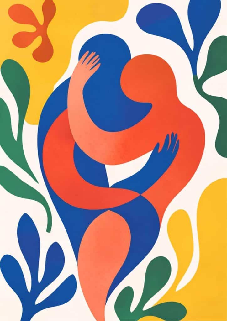 Abstract colourful illustration of two figures embracing among leaves